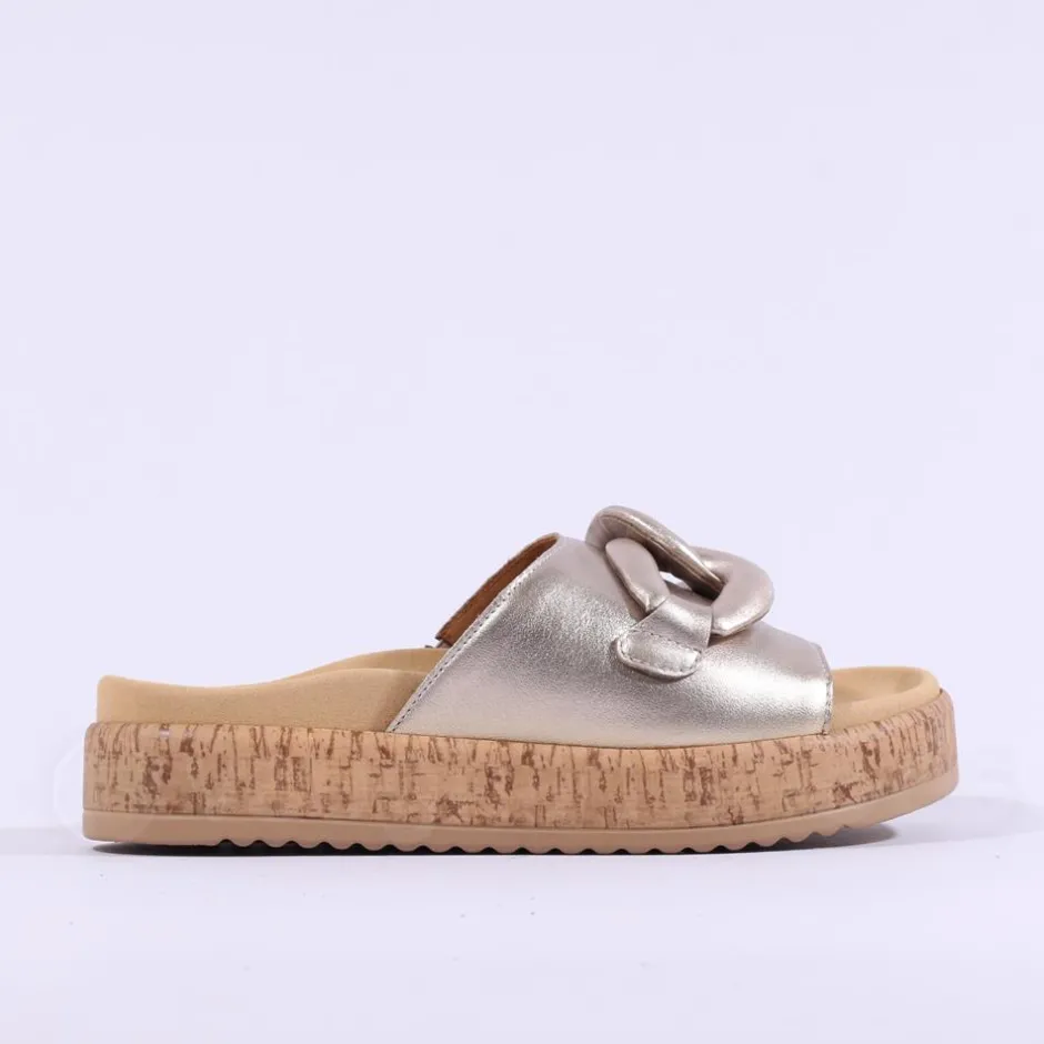 Women Gabor Kay Cork Sole Link Mule - Gold Leather