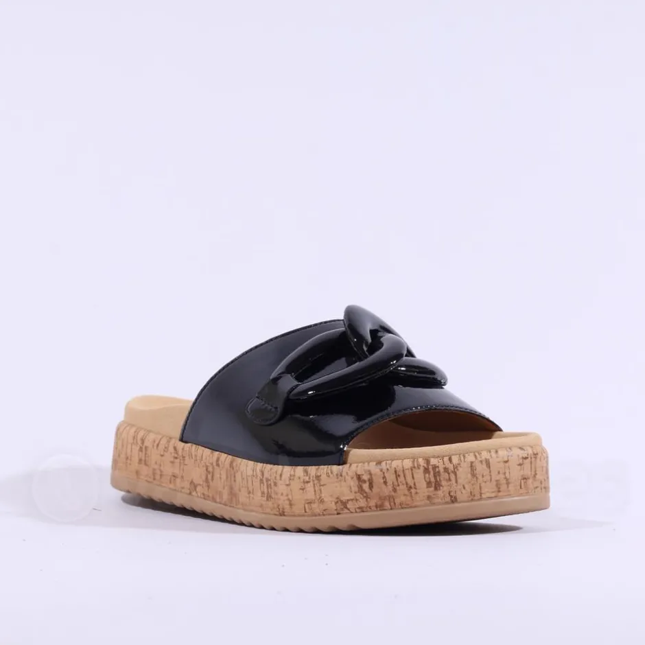 Women Gabor Kay Cork Sole Link Mule - Black Patent