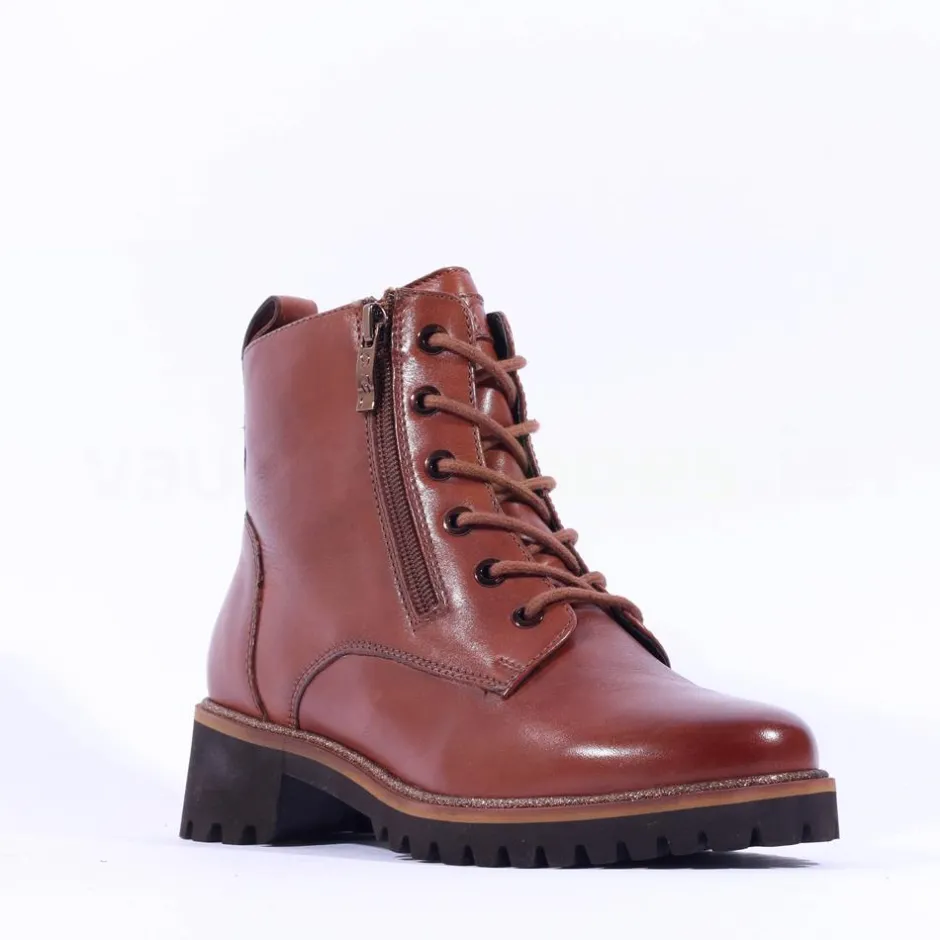 Women Ara Kent Side Zip Lace Ankle Boot - Cognac Leather