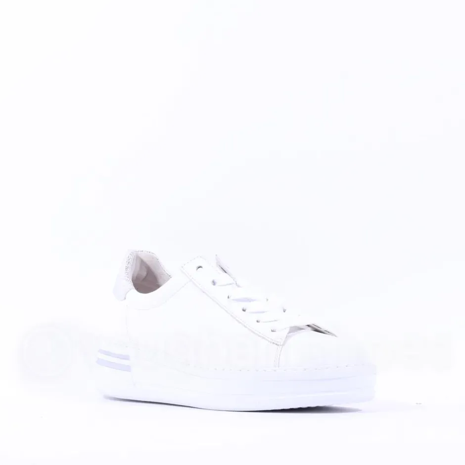 Women Gabor Keystone Platform Lace Trainer - White Silver Leather