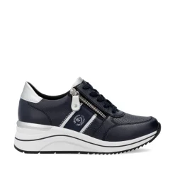Women Remonte Lace Wedge Trainer With Side Zip - Dark Navy Leather