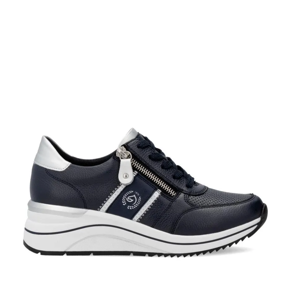 Women Remonte Lace Wedge Trainer With Side Zip - Dark Navy Leather