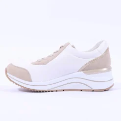 Women Remonte Lace Wedge Trainer With Side Zip - White Taupe