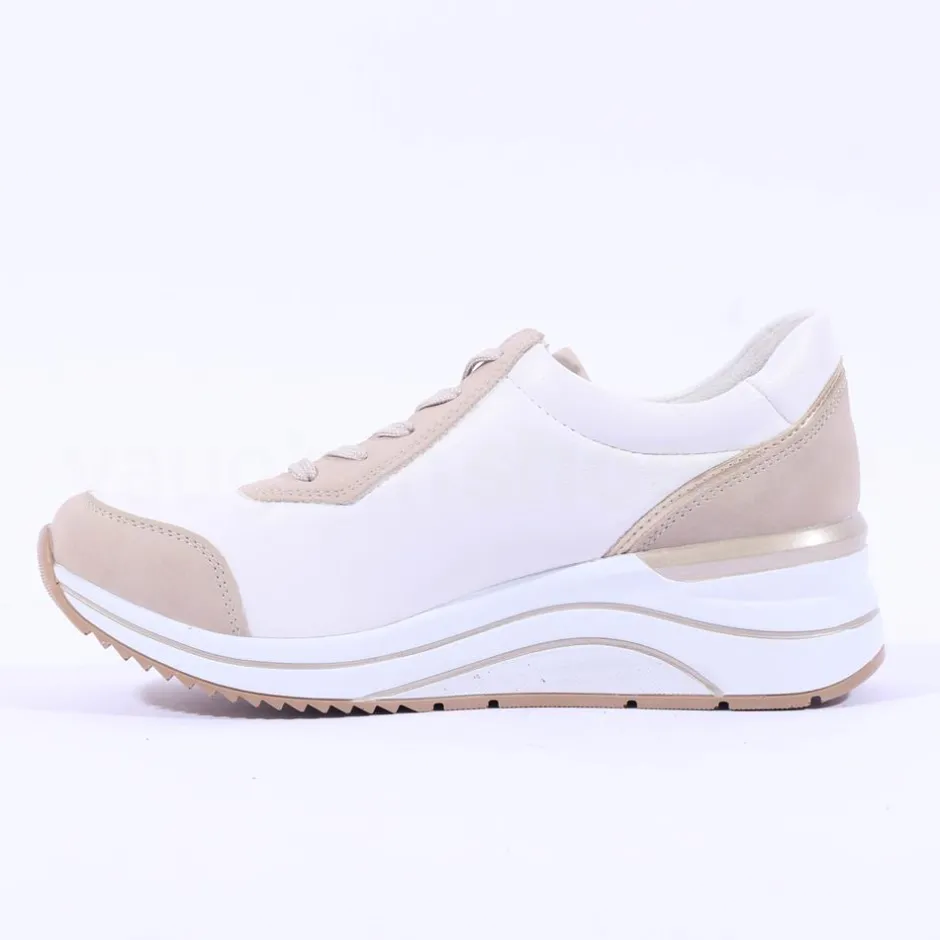 Women Remonte Lace Wedge Trainer With Side Zip - White Taupe