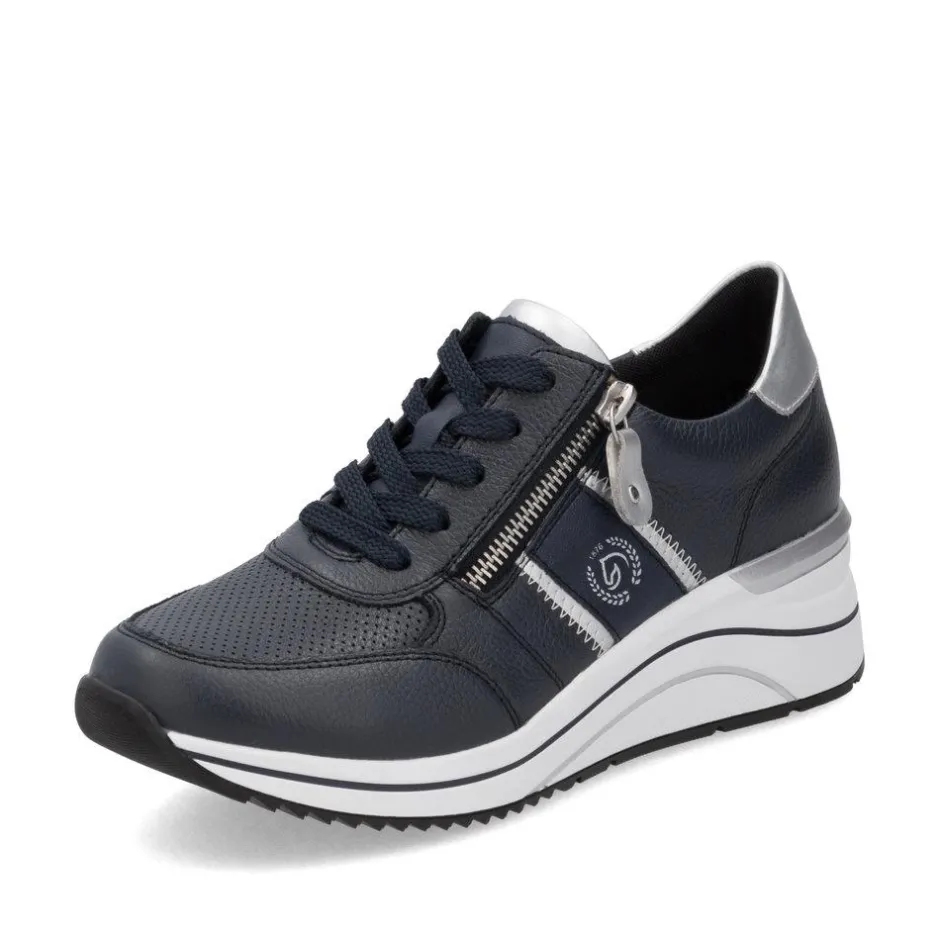 Women Remonte Lace Wedge Trainer With Side Zip - Dark Navy Leather