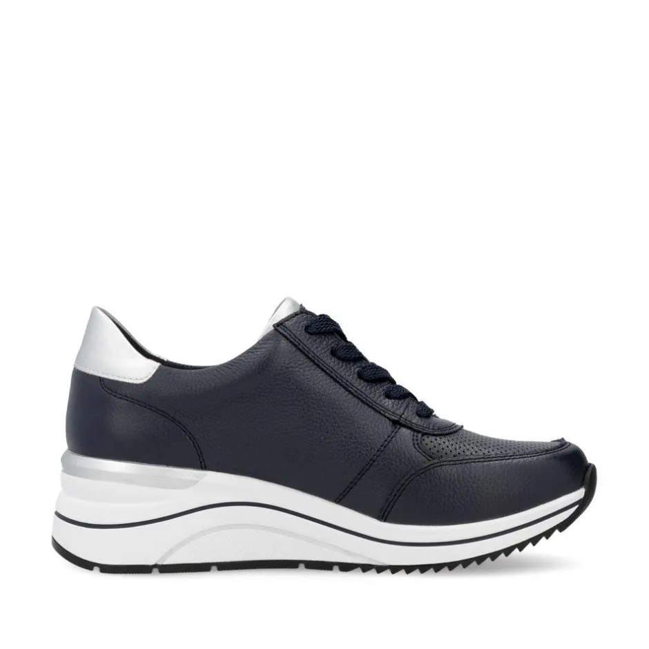 Women Remonte Lace Wedge Trainer With Side Zip - Dark Navy Leather