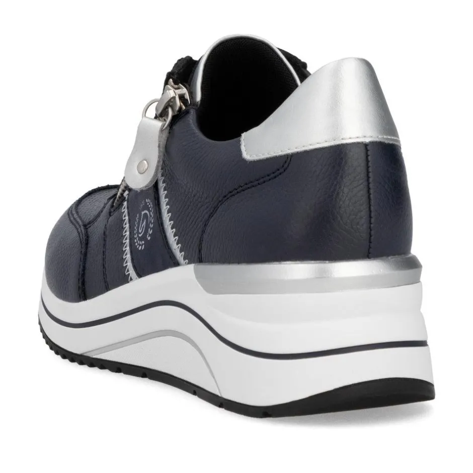 Women Remonte Lace Wedge Trainer With Side Zip - Dark Navy Leather