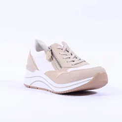 Women Remonte Lace Wedge Trainer With Side Zip - White Taupe