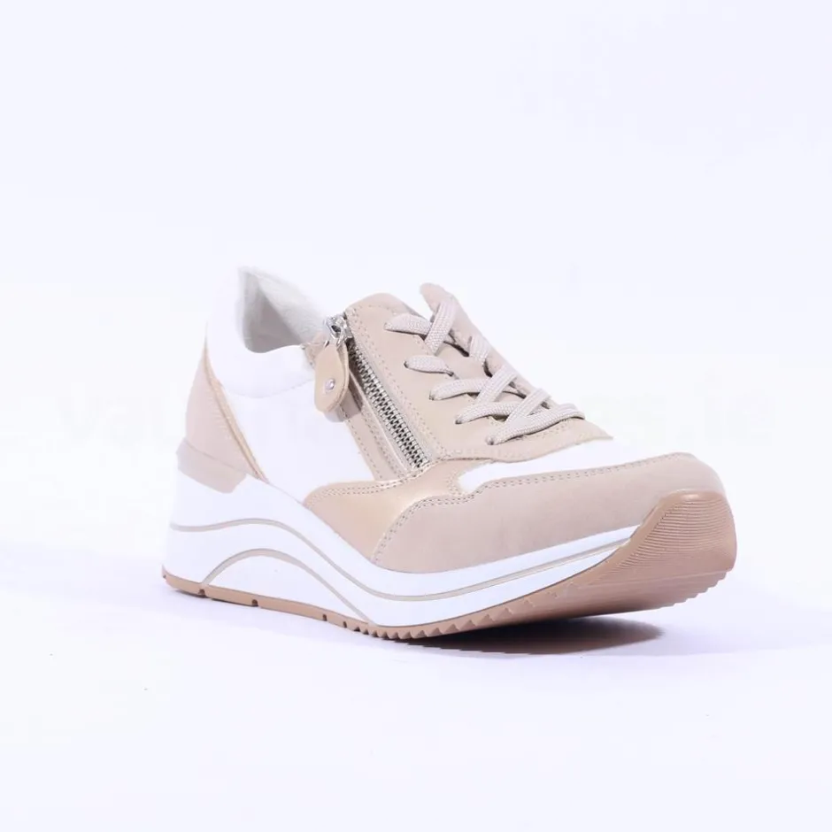 Women Remonte Lace Wedge Trainer With Side Zip - White Taupe