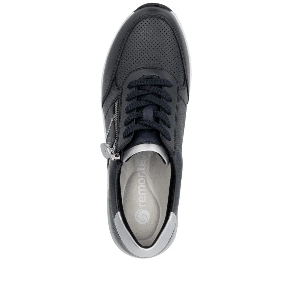 Women Remonte Lace Wedge Trainer With Side Zip - Dark Navy Leather
