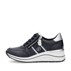 Women Remonte Lace Wedge Trainer With Side Zip - Dark Navy Leather