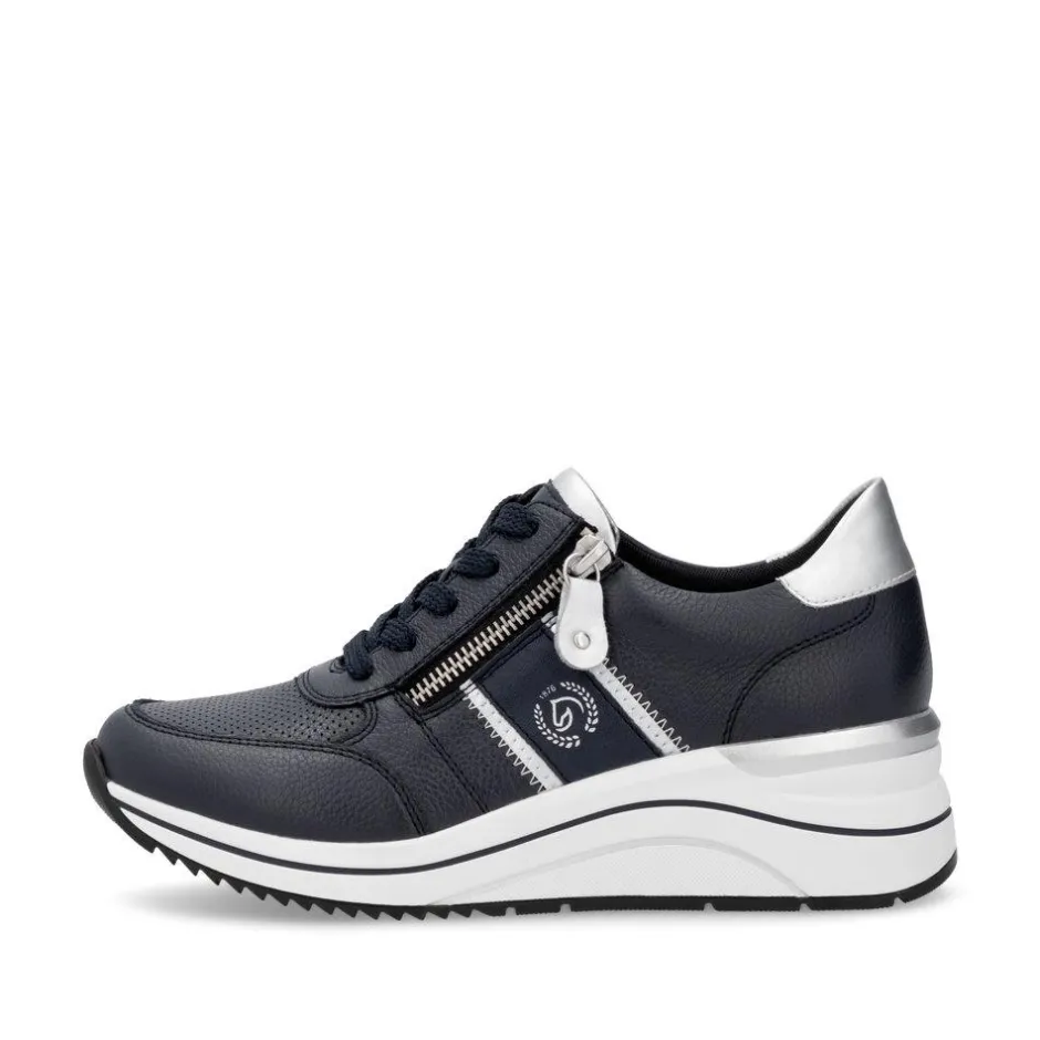 Women Remonte Lace Wedge Trainer With Side Zip - Dark Navy Leather