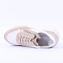Women Remonte Lace Wedge Trainer With Side Zip - White Taupe