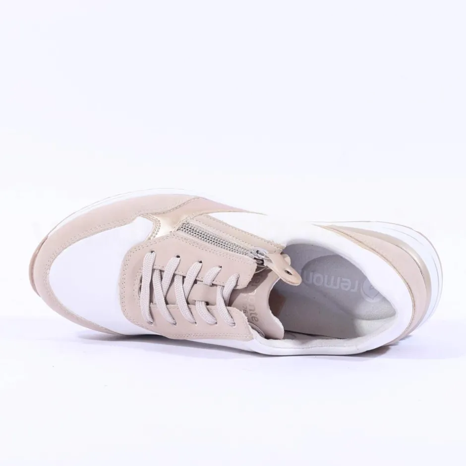 Women Remonte Lace Wedge Trainer With Side Zip - White Taupe