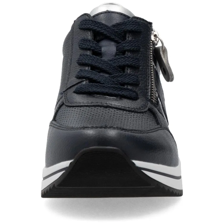 Women Remonte Lace Wedge Trainer With Side Zip - Dark Navy Leather