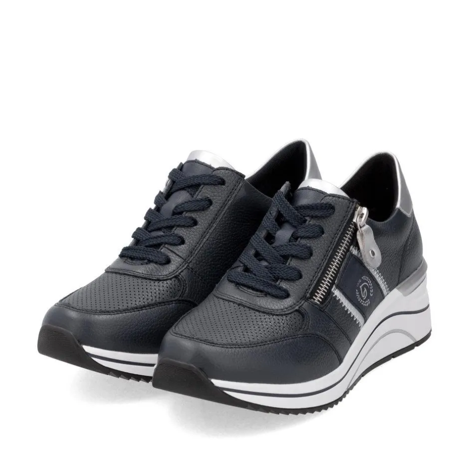 Women Remonte Lace Wedge Trainer With Side Zip - Dark Navy Leather
