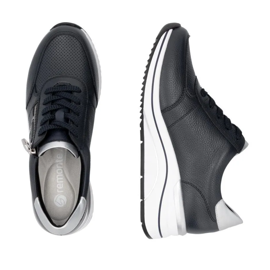 Women Remonte Lace Wedge Trainer With Side Zip - Dark Navy Leather