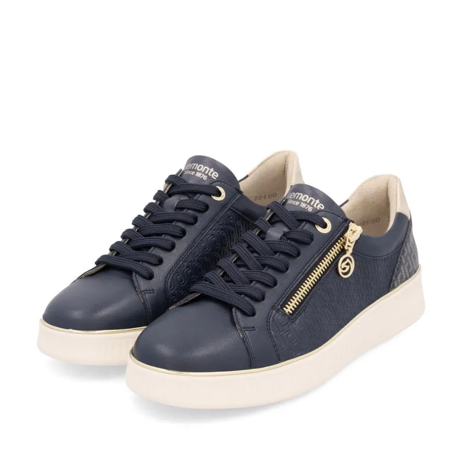 Women Remonte Laced Platform Print Trainer - Navy Combi Lea
