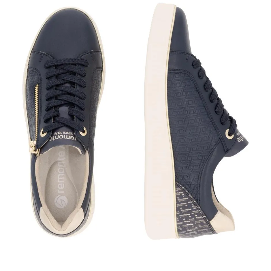 Women Remonte Laced Platform Print Trainer - Navy Combi Lea