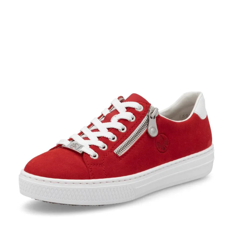 Women Rieker Laced Platform Trainer With Side - Red Suede