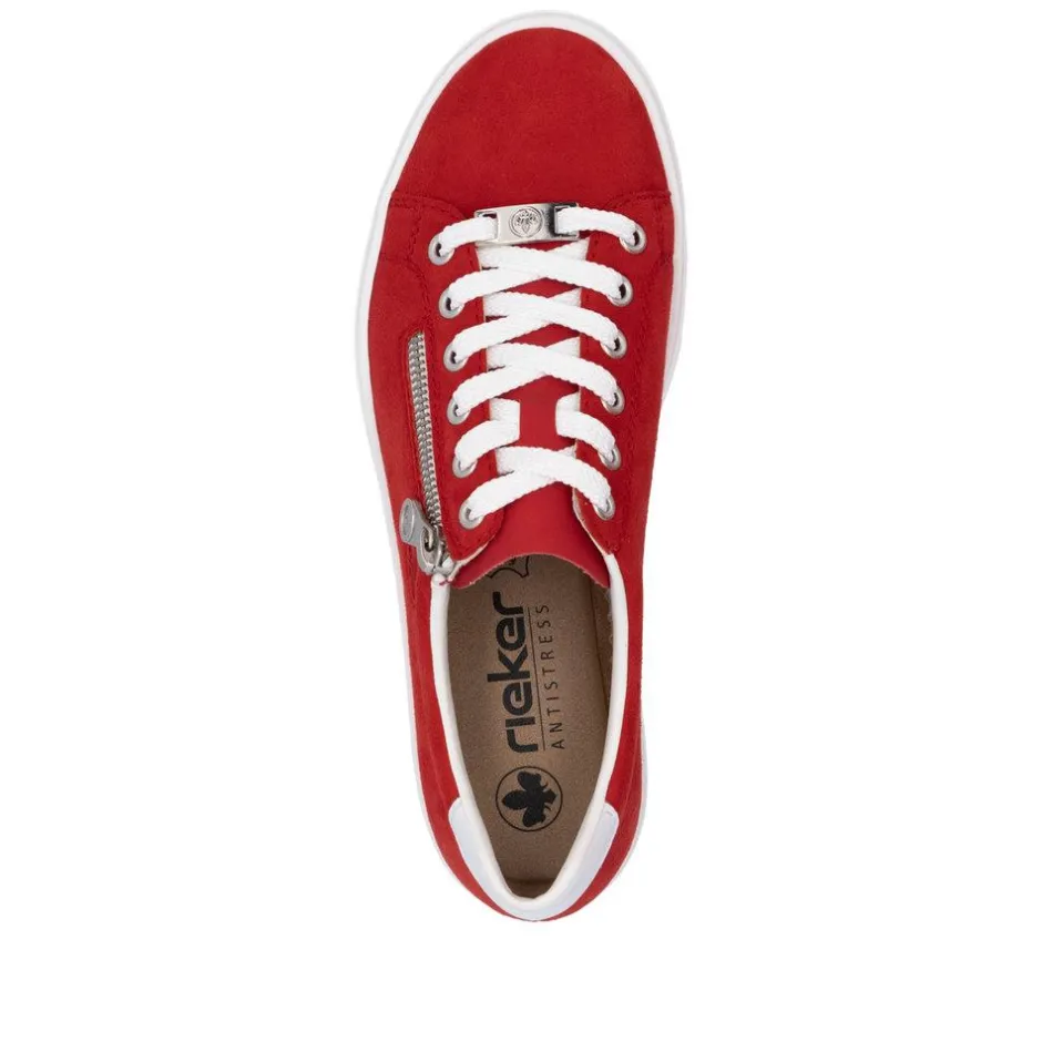 Women Rieker Laced Platform Trainer With Side - Red Suede