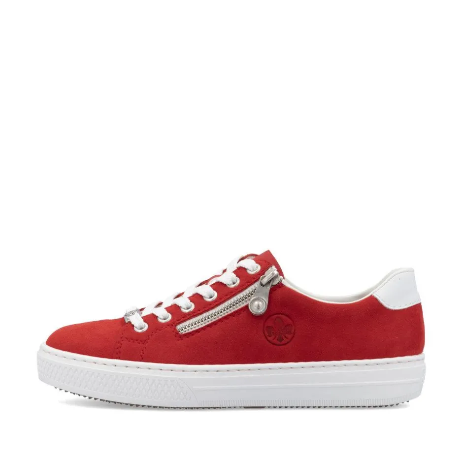 Women Rieker Laced Platform Trainer With Side - Red Suede