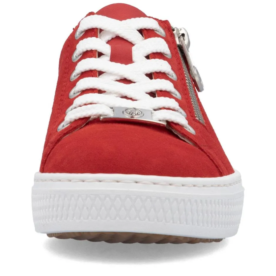 Women Rieker Laced Platform Trainer With Side - Red Suede