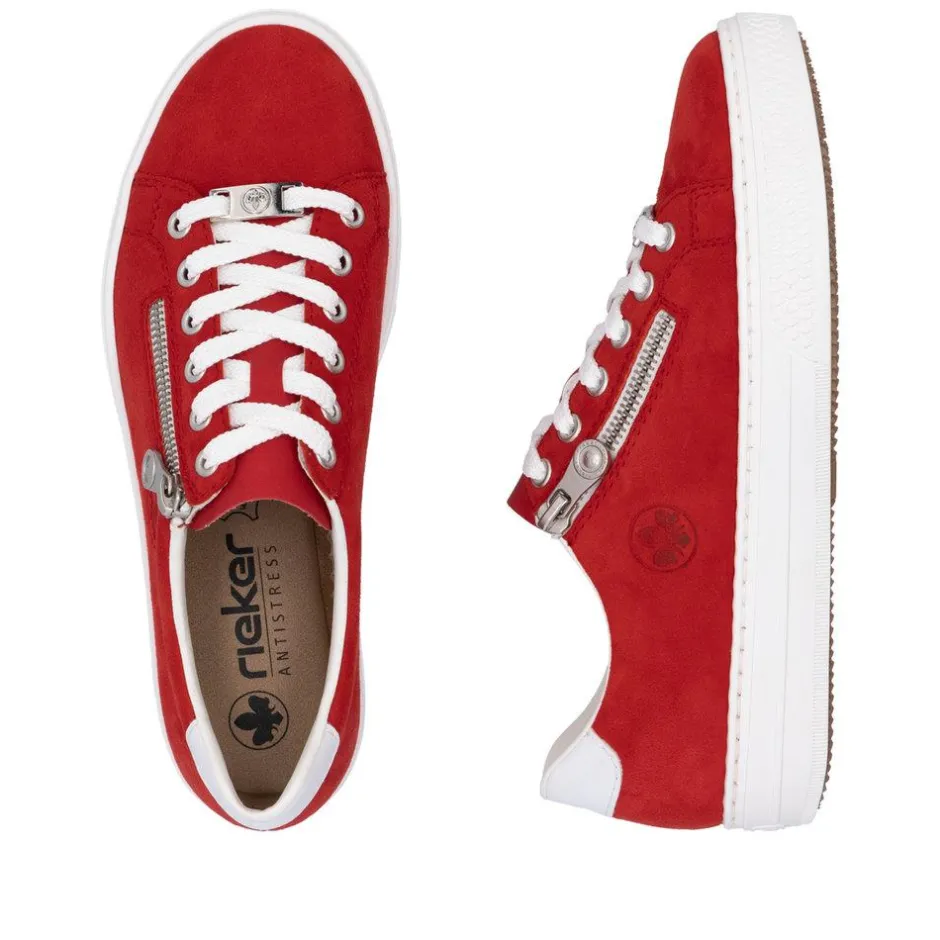 Women Rieker Laced Platform Trainer With Side - Red Suede
