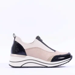 Women Remonte Laced Print Detail Trainer - Beige Black