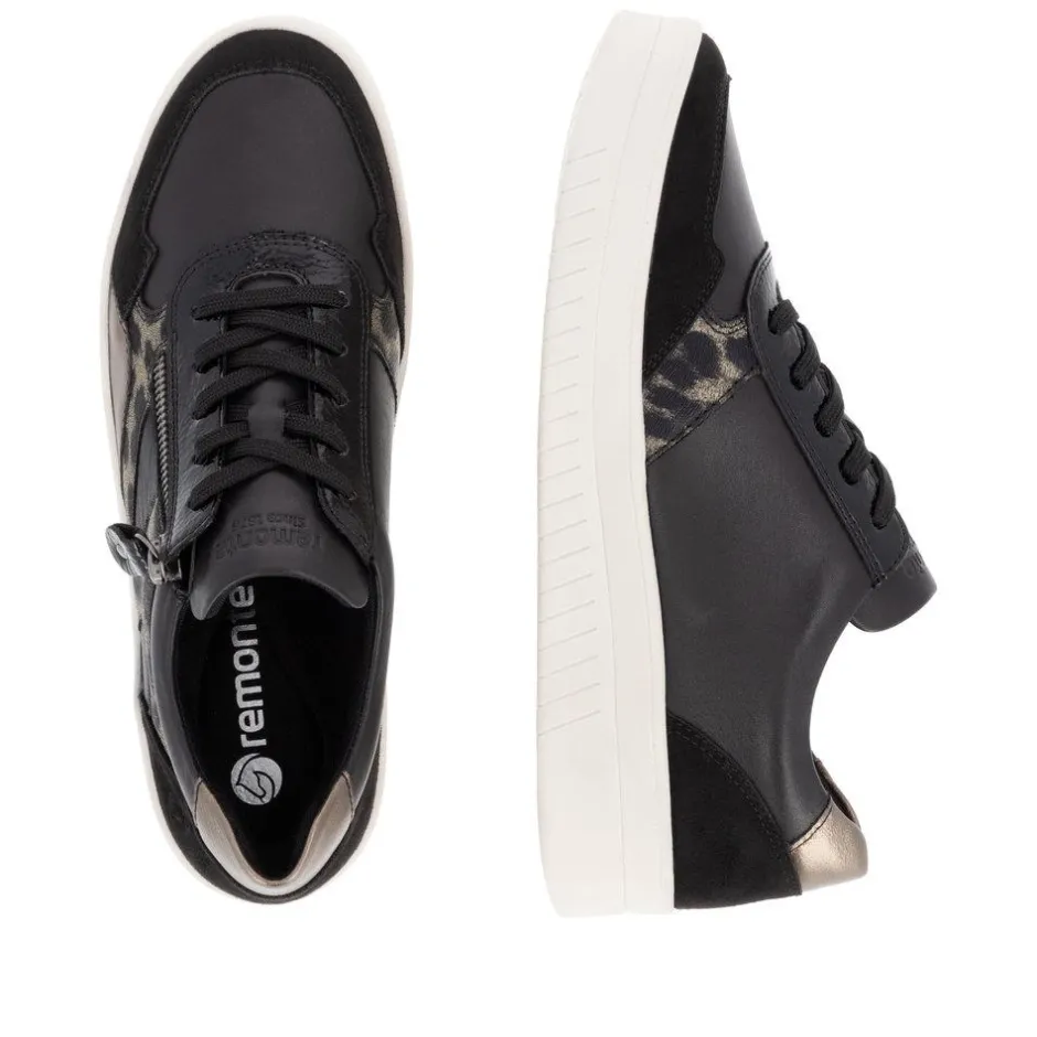 Women Remonte Laced Print Detail Trainer - Black Combi