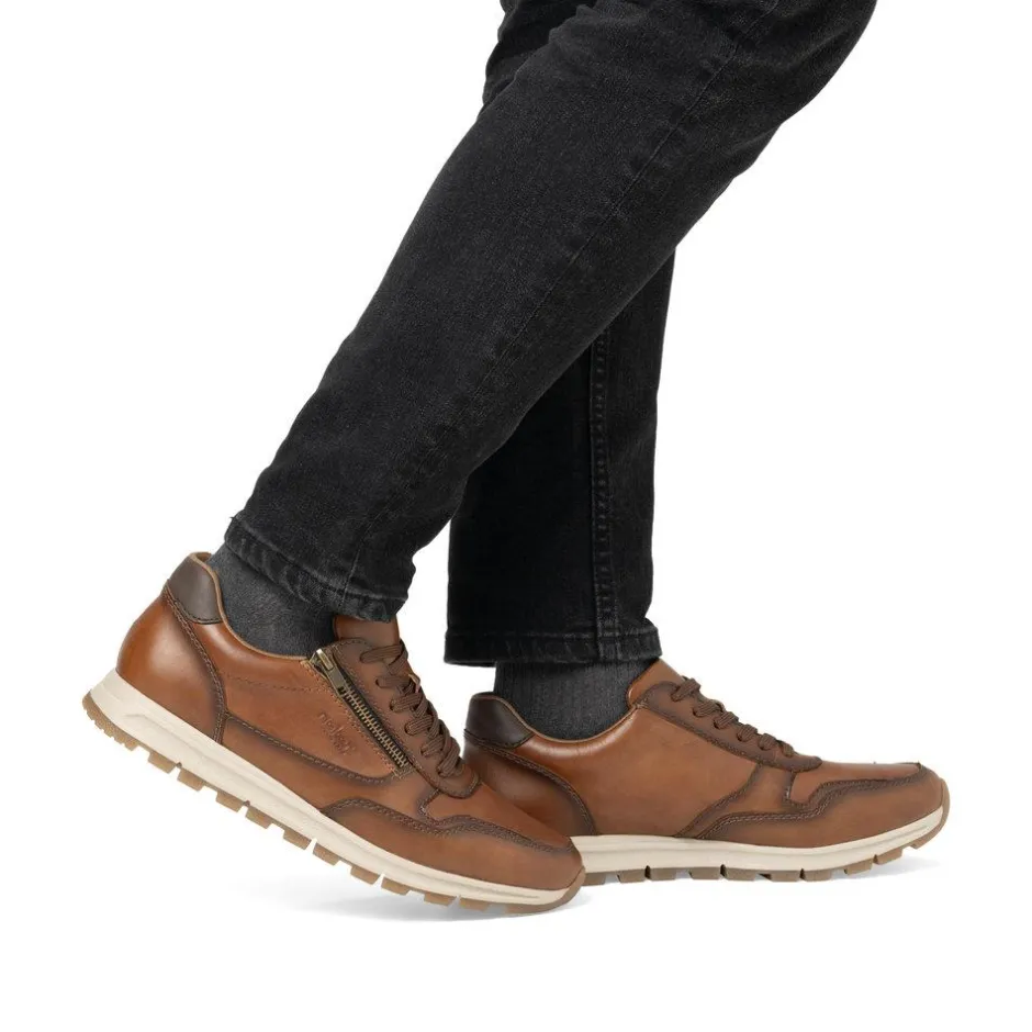 Rieker Men Laced Shoe With Side Zip - Brown Leather