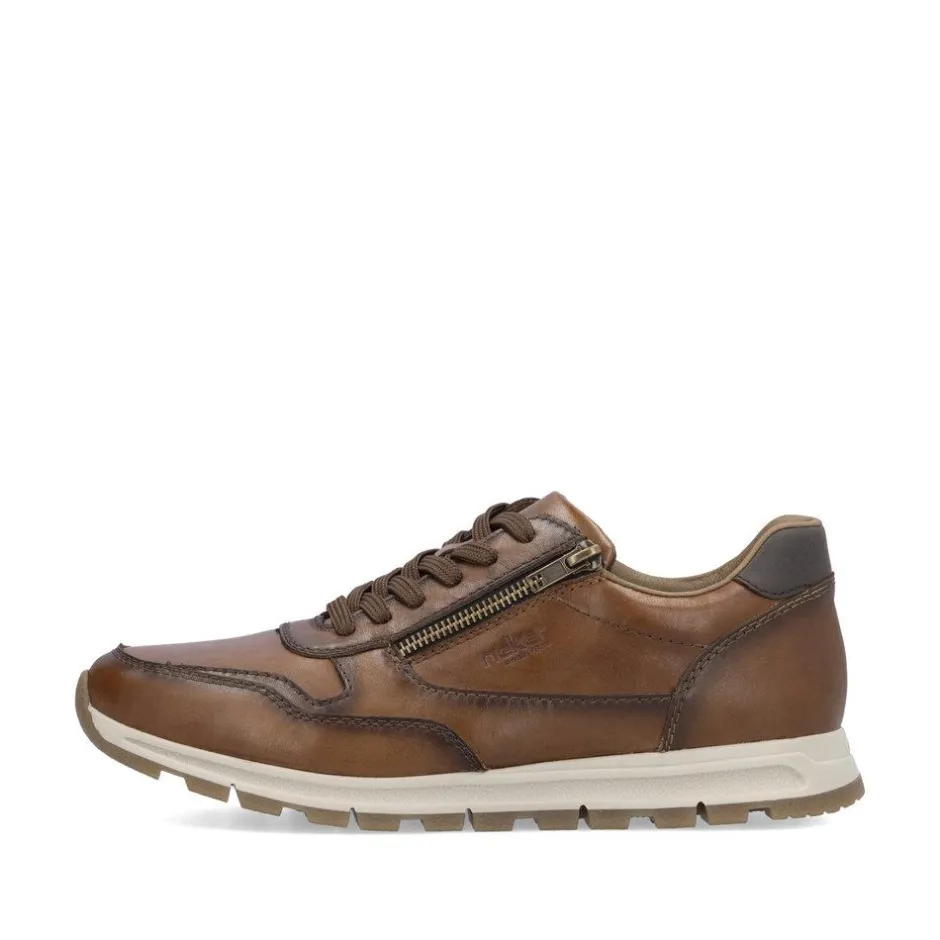 Rieker Men Laced Shoe With Side Zip - Brown Leather