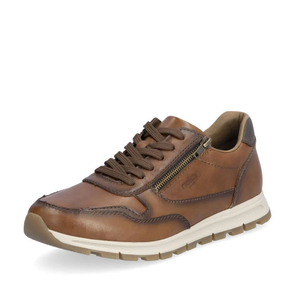 Rieker Men Laced Shoe With Side Zip - Brown Leather