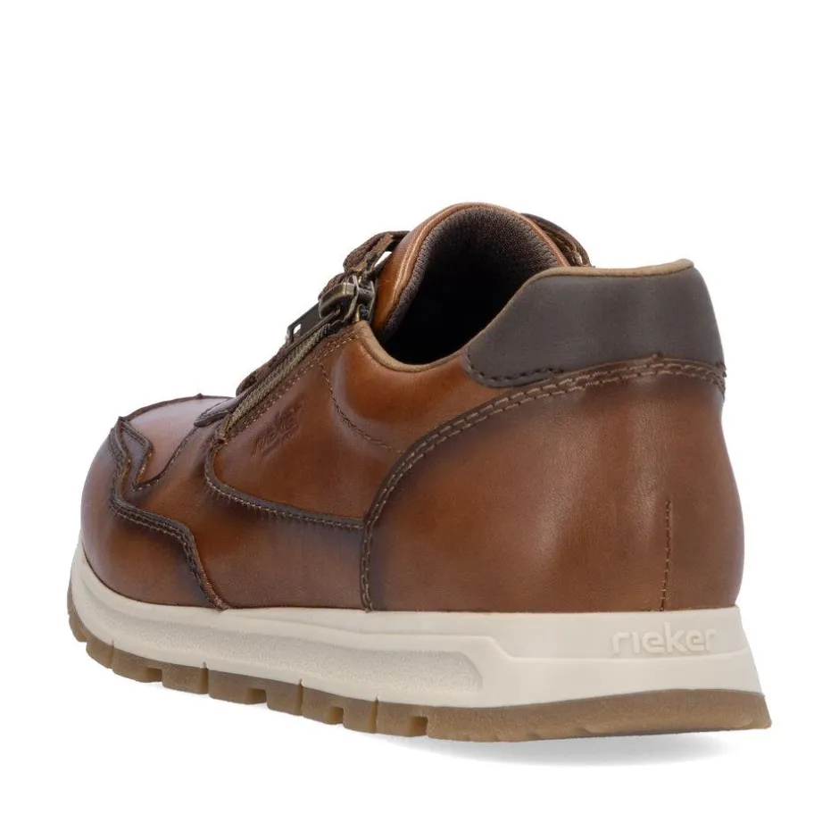 Rieker Men Laced Shoe With Side Zip - Brown Leather
