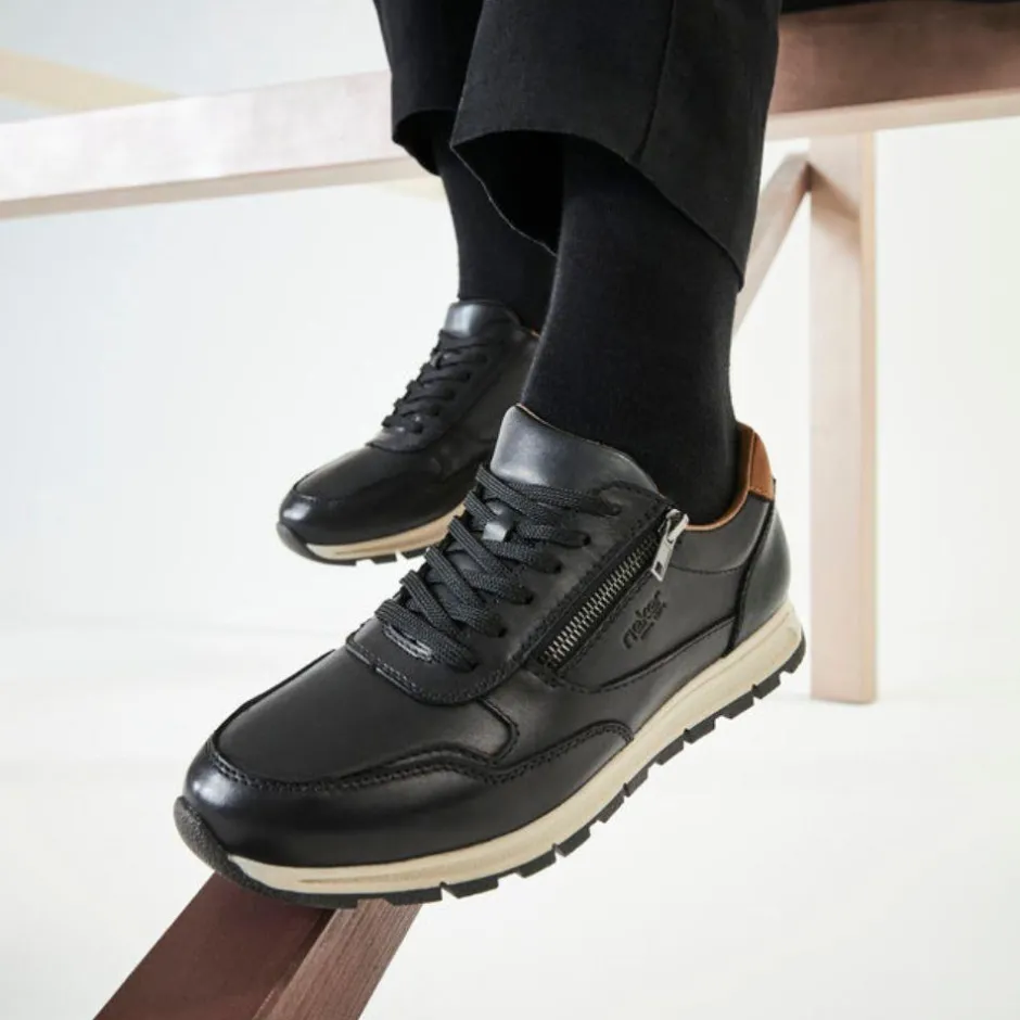 Rieker Men Laced Shoe With Side Zip - Black Tan