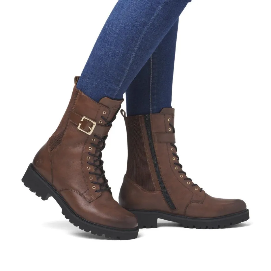 Women Remonte Laced Stretch Ankle Boot - Brown Leather