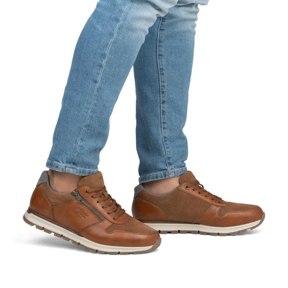 Rieker Men Laced Trainer Side Zip - Brown Combi