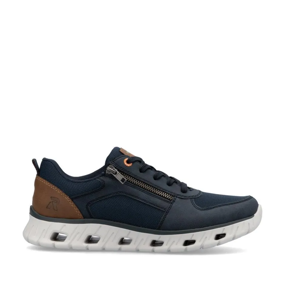 Rieker Men Laced Trainer With Side Zip - Navy Leather