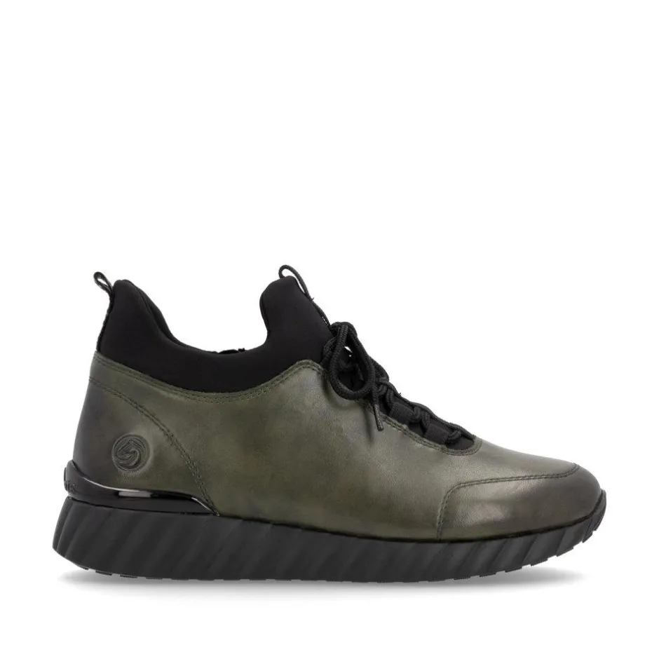 Women Remonte Laced Trainer With Side Zip - Green Leather