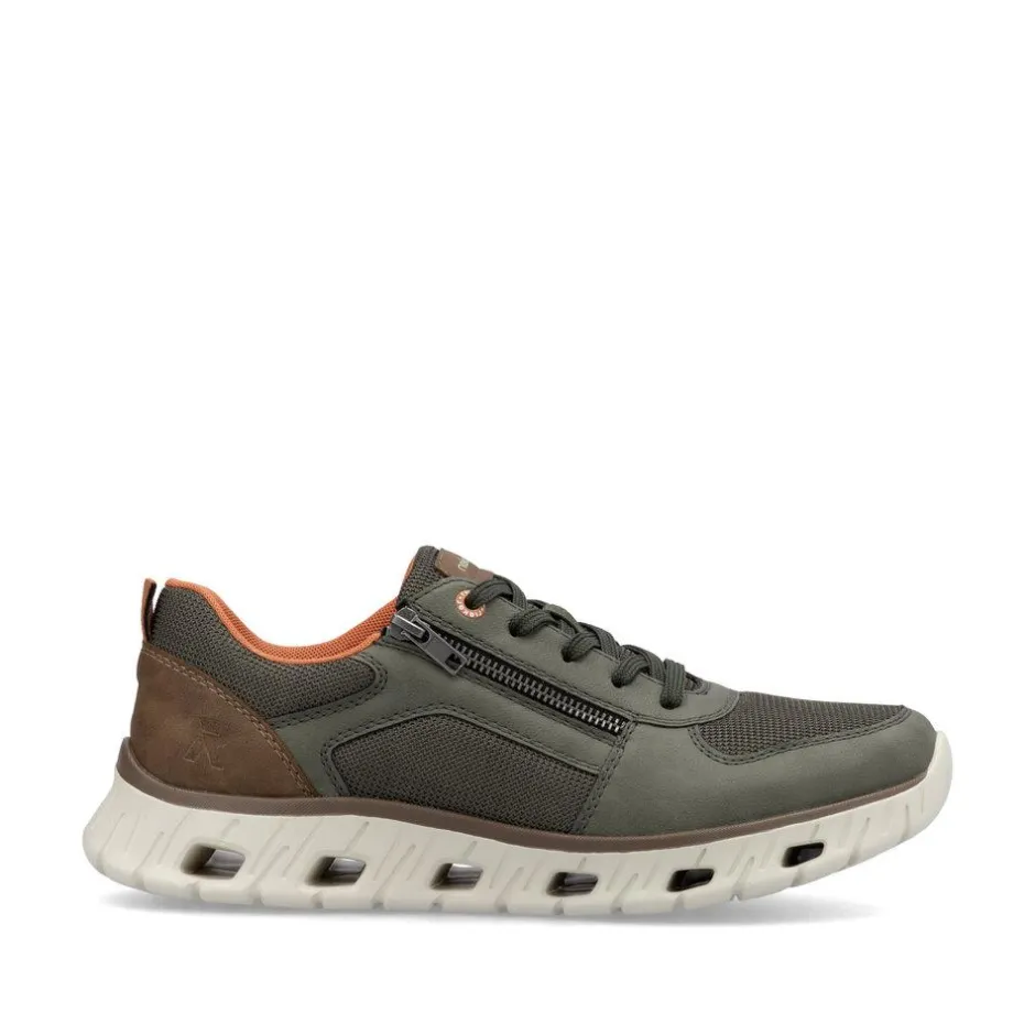 Rieker Men Laced Trainer With Side Zip - Olive Leather