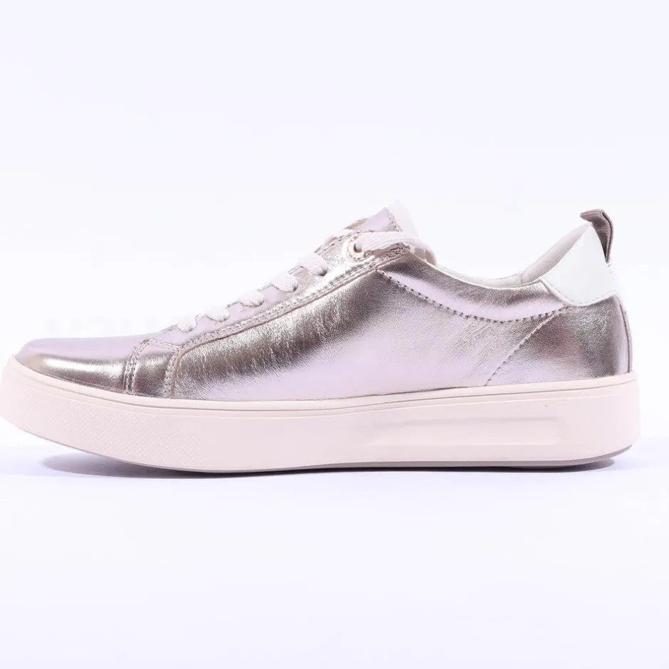 Women Tamaris Laced Trainer With Side Zip - Light Gold Leather
