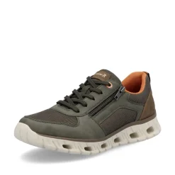 Rieker Men Laced Trainer With Side Zip - Olive Leather