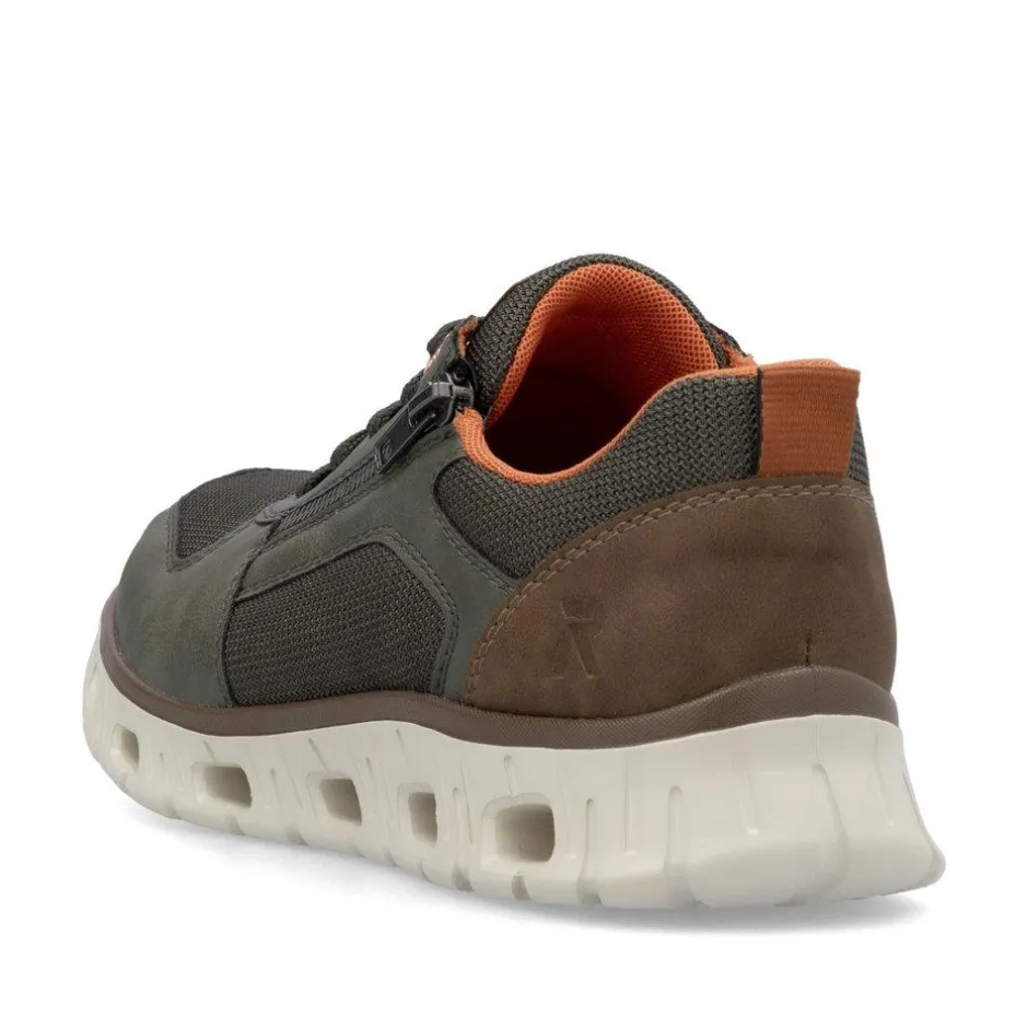 Rieker Men Laced Trainer With Side Zip - Olive Leather
