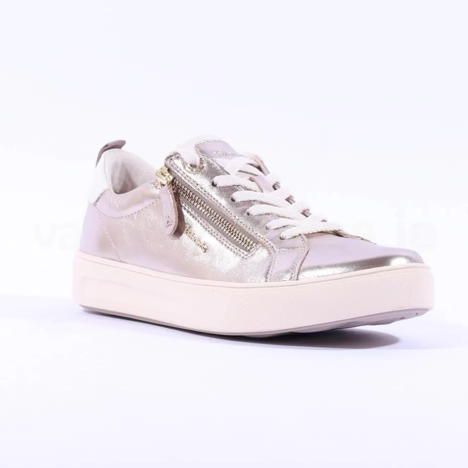 Women Tamaris Laced Trainer With Side Zip - Light Gold Leather