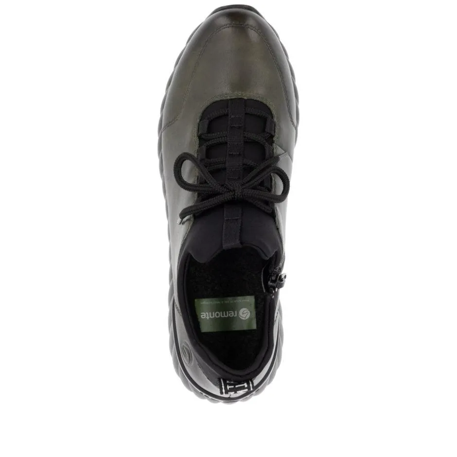 Women Remonte Laced Trainer With Side Zip - Green Leather