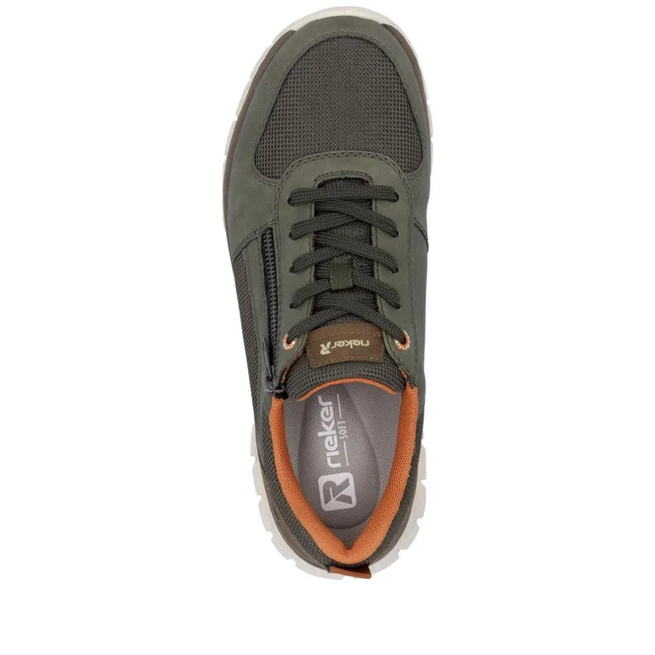 Rieker Men Laced Trainer With Side Zip - Olive Leather