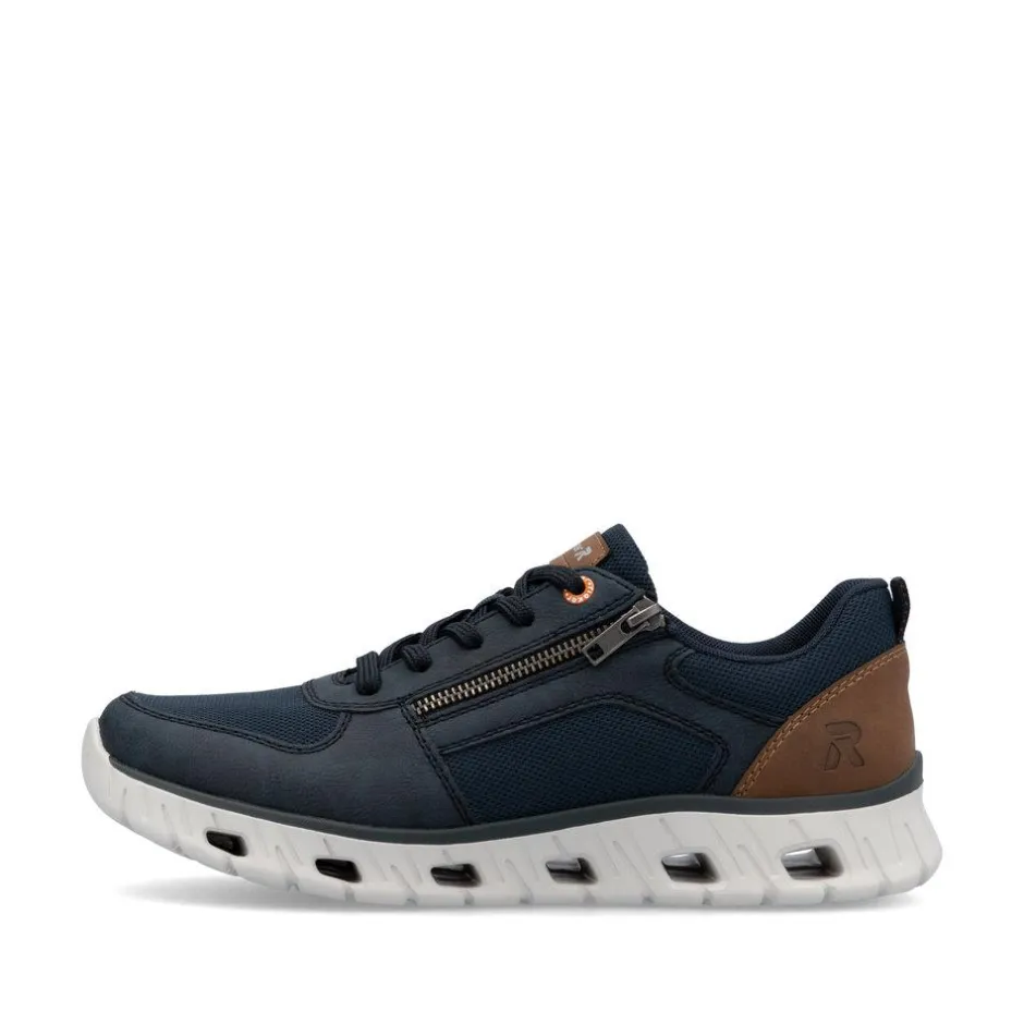 Rieker Men Laced Trainer With Side Zip - Navy Leather
