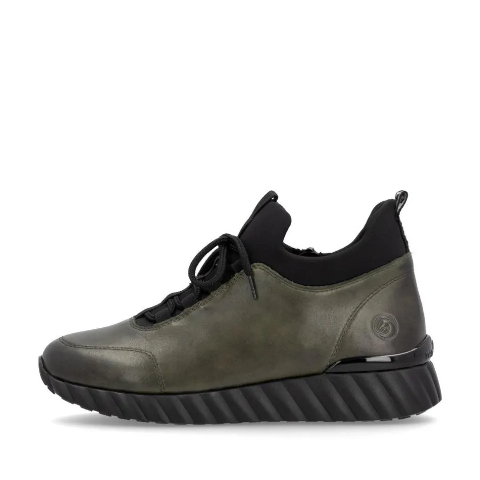 Women Remonte Laced Trainer With Side Zip - Green Leather