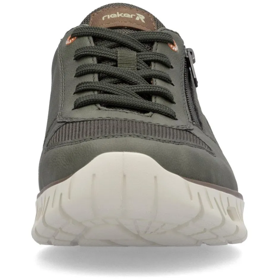 Rieker Men Laced Trainer With Side Zip - Olive Leather