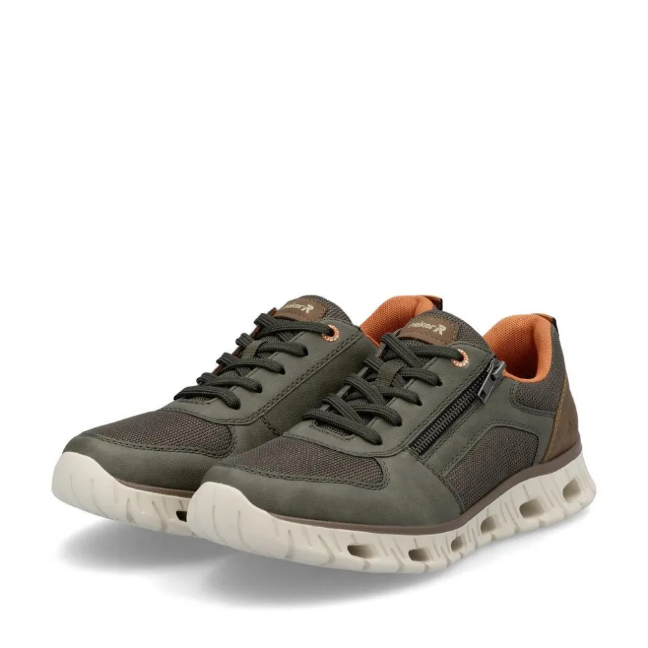 Rieker Men Laced Trainer With Side Zip - Olive Leather